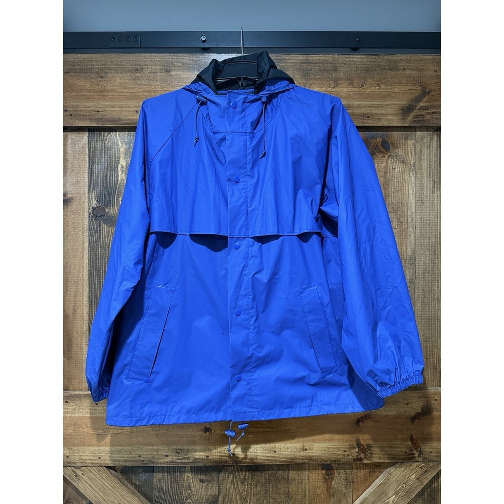 Vintage Lands' End Direct Merchants Blue Polyvinyl Hood Vent Rain Coat Unisex XL